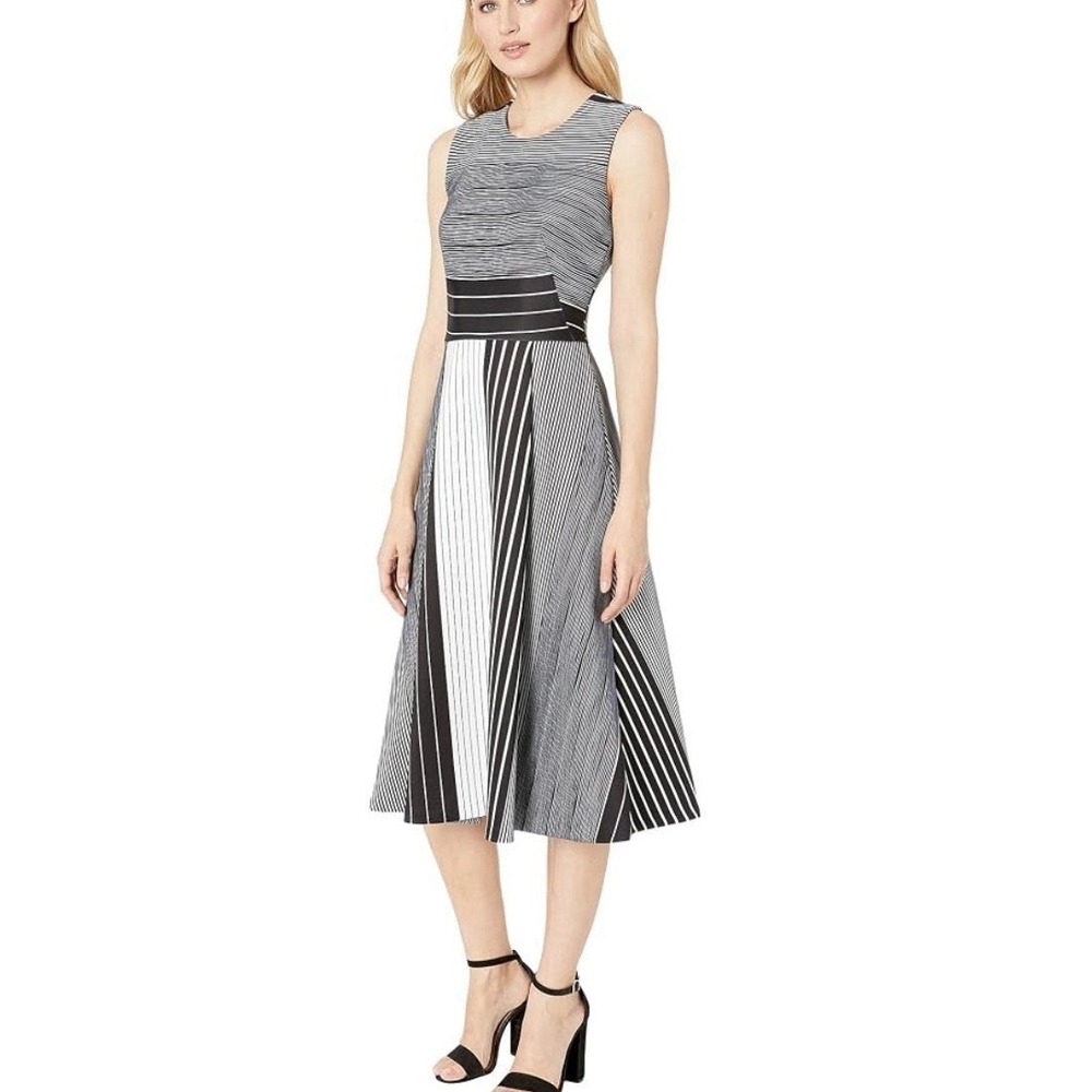 Calvin Klein Gray Black Striped A Line Sleeveless Scuba Knit Midi Dress Size 14